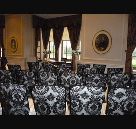 Black Flock Veils on White Chair Covers