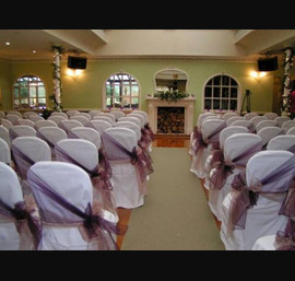 Headlam Hall, Darlington, White Chair Covers and Aubergine/Mauve Sash