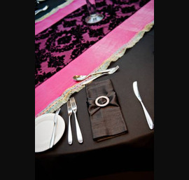 Fuschia Table Runner with Black Flock Runner on Black Table Linen