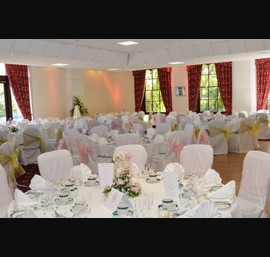 Baby Pink Middle Organza Sashes and Willow Green Organza Sashes tied to the side on White Chair Covers at Greenhill Hotel