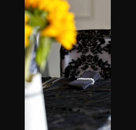 Black Flock Chair Veil and Runner with Black Napkin tied with Pearls