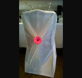 Ivory Chair Hood decorated with Pink Gerbera on White Chair Covers