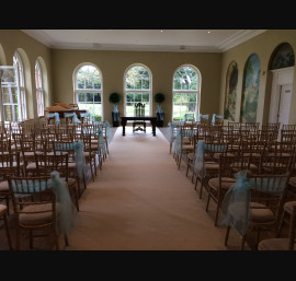 Aqua Organza Sashes on Chiavari Chairs for the Ceremony