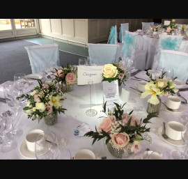 Aqua Organza Sashes on White Chair Covers