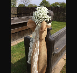 Hessian Sashes with Pew Ends by Heavenly Petals for outside Ceremony