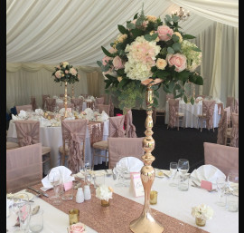 Blush Pink Chair Ruffles on Chiavari Chairs with Rose Gold Sequin Table Runners