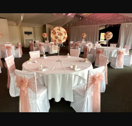 White Chair Covers with Blush Sash