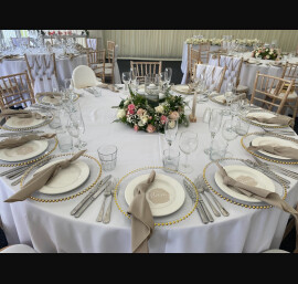 White Chiffon Weave Drapes with Stone Napkins