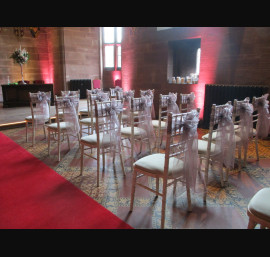 Antique Pink Organza Bows on Limewash Chiavari Chairs in The Great Hall