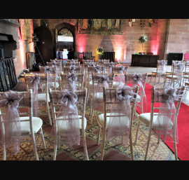 Antique Pink Organza Bows on Limewash Chiavari Chairs in The Great Hall