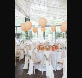 Ivory Chiffon Drapes on Limewash Chiavari Chairs at Delamere Manor