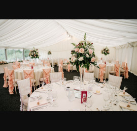 Blush Ruffle Hoods on Limewash Chiavari Chairs in the Marquee