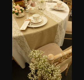 Burlap table runner with lace side runners